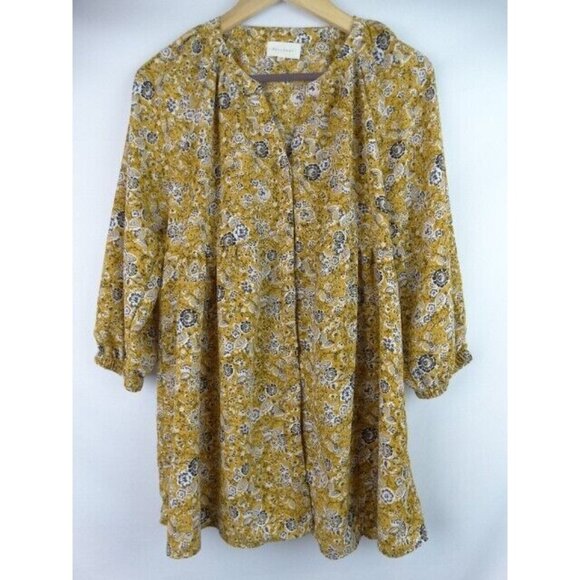 Melloday Tunic Top Size Medium Mustard Gold Floral 3/4 Sleeve Button Down Shirt - Picture 1 of 10